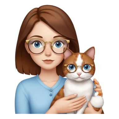 White girl with blue eyes, brown hair, freckles, and gold glasses, holding a small calico cat sticker