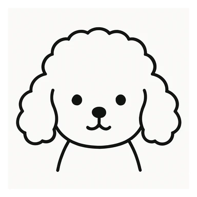 minimalist kawaii line art of a poodle-like dog's head with a large, round, fluffy head and puffy, curly ears hanging down on each side, resembling a poodle. facial features are extremely minimal: two small black dot eyes set wide apart, a tiny round nose, and a simple curved mouth like an upside-down 'Y'. thick, clean, bold black lines on a white background. expression is calm and neutral, conveying a gentle, sweet, and peaceful personality. symmetrical, child-friendly, warm and cozy feeling. no colors or shading, just black linework. slight hand-drawn quality but polished and readable, ideal for coloring books or stickers. sticker