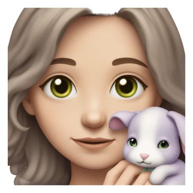 White skinned girl with green eyes and brown hair, cuddling her lilac-grey, floppy bunny teddy sticker