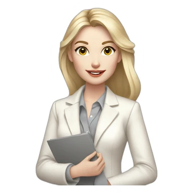 pale skin woman interior designer with cold blonde middle length hair, gray eyes, White classical jacket, blouse, Gray skirt holding a color palette in the hands sticker