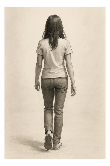 full-length illustration of a girl seen from behind, walking forward, wearing simple clothing, neutral background sticker