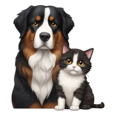 A Bernese dog next to A black and brown tortoiseshell cat with no white fur sticker