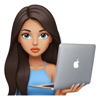 Glamours tanned very beautiful girl with pump peach lips and dark chocolate straight smooth long hair, blue-grey eyes with MacBook sticker