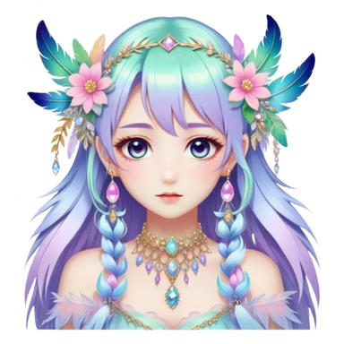 Beautiful gorgeous anime lady with beautiful iridescent-special-hair, fashion aesthetic, ethereal, fairycore, pastelcore, feather, flower, crystals, accessories, jewelries, gold, colorful sticker