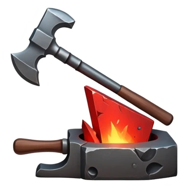 Blacksmithing icon, forged metal piece being shaped with hammer and anvil, glowing red-hot metal, blacksmith tools like tongs and chisel, sparks flying, minimalistic style, clean lines sticker