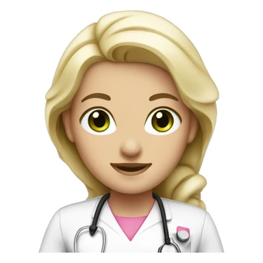 White blonde nurse with green eyes and tan skin wearing pink sticker