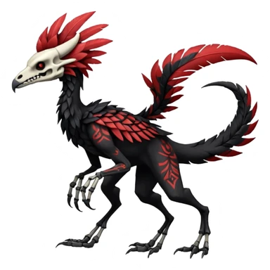 Rare realistic dark edgy evil tribal patterned red-feathered skeletal badass epic handsome gorgeous aesthetic black-skulled Vernid-Trico-Sergal-Silvally-Nargacuga-species-Fakemon-creature by LiLaiRa, 4 legs, 1 tail, random markings, (full body) sticker