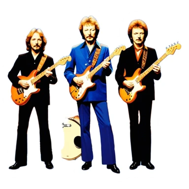 Icon for Blues Rock: collage of the band Cream, with silhouettes of the members (Eric Clapton, Jack Bruce, Ginger Baker) and symbolic items like guitars, drums and bass. The design should convey the powerful, energetic vibe of the band's music. Transparent background. sticker