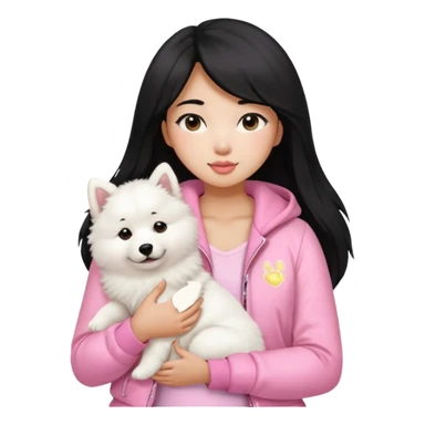 A black long hair asian pretty girl with a bright skintone using a baby pink juicy couture jacket with white tanktop holding a samoyed dog sticker