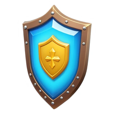 Clash of Clans aesthetic: Cinematic Playful 3D Isometric Shield Emoji, rendered in a 3D vector-style similar to standard emojis with minimal shading and bold, simplified shapes. A compact, distinct form with signature details, softly glowing with a fantasy RPG magic charm. Simplified yet unmistakably iconic, highly detailed and consistent, glowing with a soft radiance and high shine. Stylized with a touch of heroic grandeur and a soft glowing outline, capturing the essence of a beloved gaming relic with a friendly, playful manner! sticker
