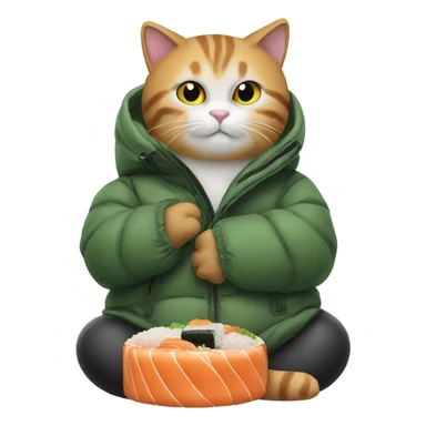 cat in a big puffy jacket eating sushi sticker