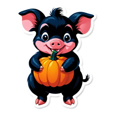 A black piglet holding 4 pumpkins with “luck x4” written on it. sticker