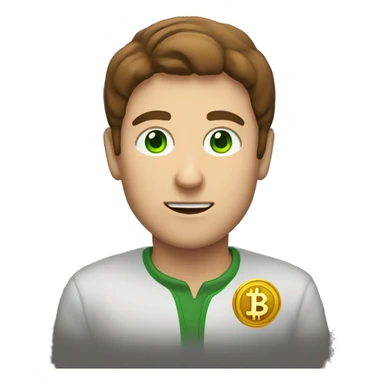 A man with green eyes, brown hair, holding bitcoin sticker
