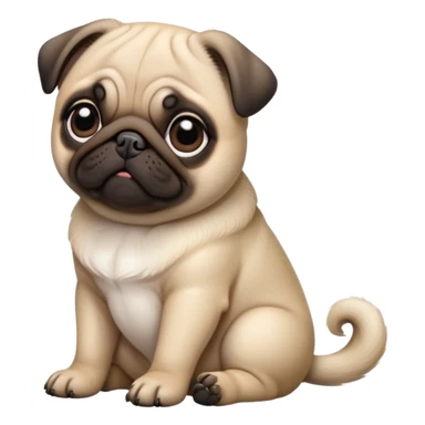 detailed-[cute pug]-realistic-full-body-sitting-emoji,-tail-resting-loosely-beside-its-paws,-head-tilted-dramatically, -sleek-fur,-simplified-yet-realistic-focused-features,-highly-detailed,-glowing-with-an-almost-sarcastic-glow sticker