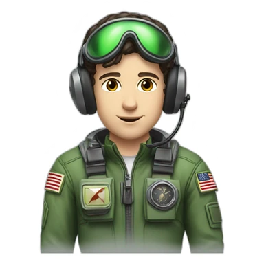 A young white man with dark brown hair and brown eyes in a pilot suit and wearing a green Pilot headset sticker