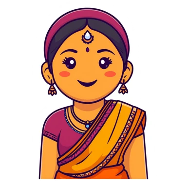 A cheerful Indian aunt (mausi) character with a plump face, smiling, wearing traditional Indian clothing and a bindi sticker