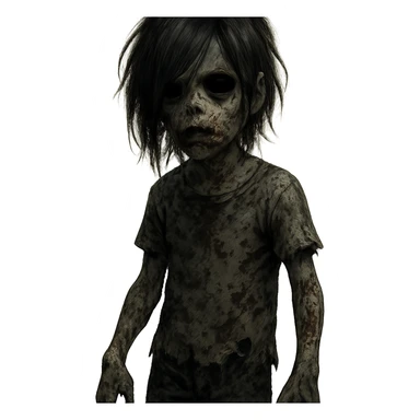 boy zombie with black emo-style long hair, creepy and scary, black eyes, dark skin, horror style sticker