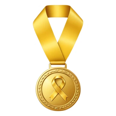 A golden medal with a glossy finish, featuring a central gold awareness ribbon symbol sticker