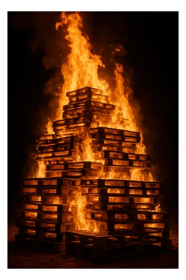 a large bonfire made from stacked pallets, flames engulfing the wood, dramatic, glowing, rustic sticker