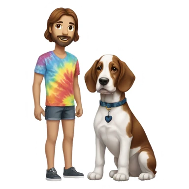 White male with dark brown hair and reddish brown beard wearing a tie-dyed shirt with a  Bassett hound female puppy  sticker
