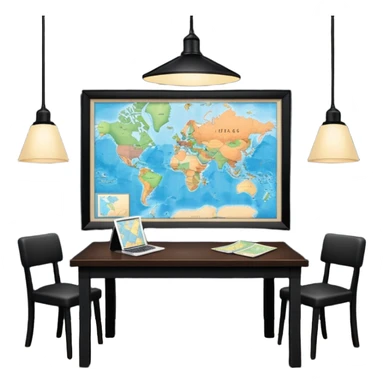 A dark room full of maps with table and over light ￼ sticker