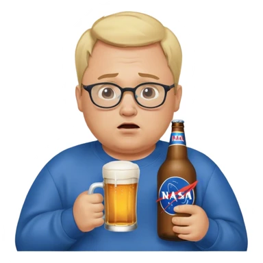  chubby weepy salesperson, beer bottle, complaining, blond short hair, 
receding hairline, blue nasa sweatshirt, with glasses, 40 years old sticker