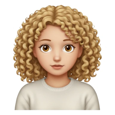 a dirty blonde girl with brown eyes and make her wearing a white sweater with curly hair and white skin color sticker