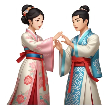 Cinematic Realistic scene of two performers engaging in Ganggangsullae, dressed in traditional Korean costumes with intricate patterns and graceful movements, illuminated by soft, festive lighting that accentuates the cultural ambiance sticker