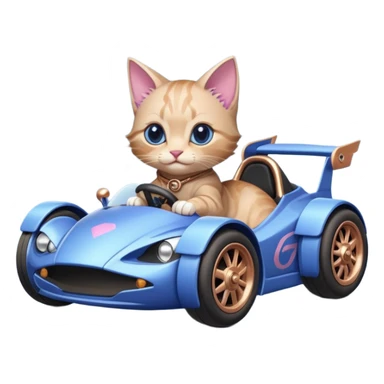 dark crystal blueberry and rosegold-accented cyber drift-racing car driven by a small cute relaxed kitten with rear spoiler, roll bar, and wheely bar sticker
