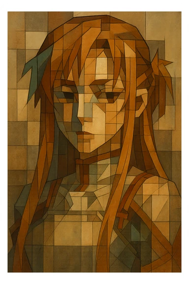 Sticker of Asuna from Sword Art Online in cubist art style with an artistic expression, inspired by the reference image. sticker
