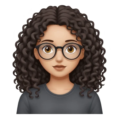 aesthetic white girl with dark brown, long curly hair, she wears a dark grey top and narrow round brown glasses and her eyes are black sticker