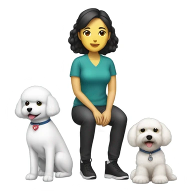 An Asian woman seated next to a service dog bichon sticker