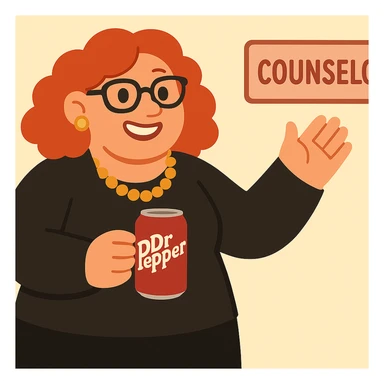 Add jewelry including earrings and a necklace, dress her in black clothes, and put a Dr Pepper soda in her hand. Keep her fun and approachable in the style of the original image. sticker