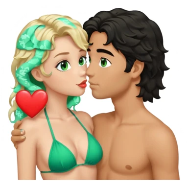Blonde girl Green eyes wavy hair Green Bikini whole body Kissing man black Hair blue eyes Hearts in Body Background beach sticker