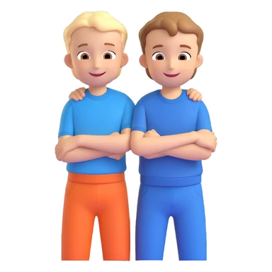 Two cartoon-style boys with similar features, arms around each other's shoulders, smiling, matching outfits, standing close, white background, emoji style sticker