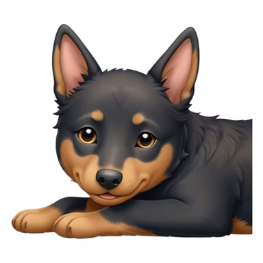 Meme-Worthy Cute Sleeping Black and Tan Kelpie Portrait Emoji, Head resting peacefully with a contented smile, showcasing a delightfully agile build and a luxuriously soft black and tan Fur, eyes shut in a serene nap, Simplified yet hilariously adorable features, highly detailed, glowing with a soft, drowsy light, high shine, relaxed and utterly lovable, stylized with an air of playful laziness, bright and heartwarming, soft glowing outline, capturing the essence of a comically sleepy herder, so meme-worthy it feels like it could instantly become the next viral sensation of adorable slumber! sticker