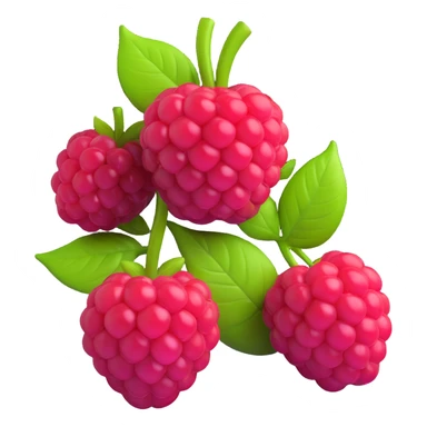 Transform this watercolor raspberry illustration into a 3D iOS-style emoji. Render the raspberry and leaves with smooth, glossy surfaces, soft shadows, and vibrant colors, in the Apple emoji style. No background. sticker