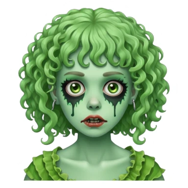 green zombie woman with curly hair, bangs, and a septum piercing. like iPhone emoji sticker
