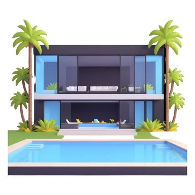 modern luxury mansion with an indoor pool visible through glass walls, palm trees sticker