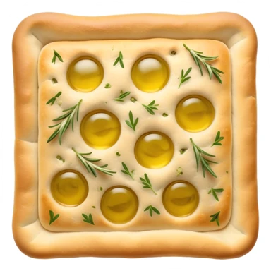 Cinematic Realistic Focaccia Bread Dish Emoji, depicted as a golden, olive oil brushed flatbread sprinkled with herbs rendered with lifelike texture and soft, appetizing lighting. sticker