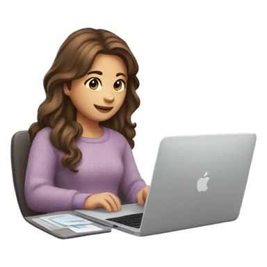 female coder with apple laptop in front of her, very long wavy brown hair, brown eyes, facing the right side looking at the laptop, lavender sweater, no glasses sticker