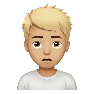 Short buzz, messy blonde hair. Dark brown bushy eyebrows large expressive golden-brown eyes, wearing a plain white t-shirt. Male Teenager. light Dark Brown skin color. Confused mouth gape sticker