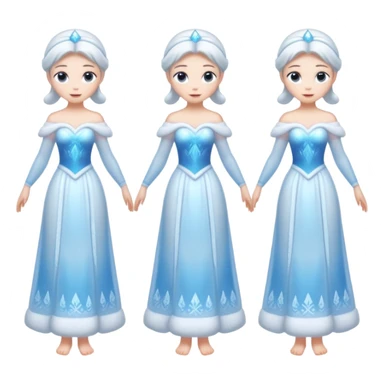 An ice Snow Maiden character with two arms and two legs, full body, front view, back view, side view, three-quarter view, consistent character design, translucent ice material, winter fairy tale style. sticker