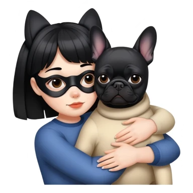 girl with short black straight bangs hair wearing a mask and hugging a black French bulldog sticker
