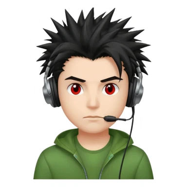 chico pelo medio largo ojos rojos y una camisa verde pelo tipo spike y unos audifonos pelo negro y mas voñuminoso sticker