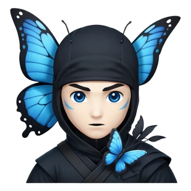 Emoji para usar en WhatsApp con estos dos emoji 🥷🏻 🦋.
Ninja vestido de negro con los ojos negros y con la piel blanca y una mariposa azul posada en su hombro izquierdo como si la mariposa estuviera volando en el hombro. sticker