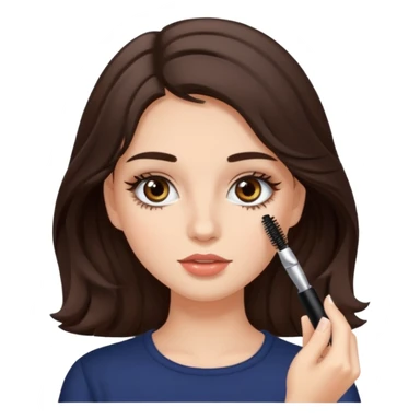 Garota branca de cabelos levemente ondulados castanhos escuros médio aplicando máscara de cílios sticker