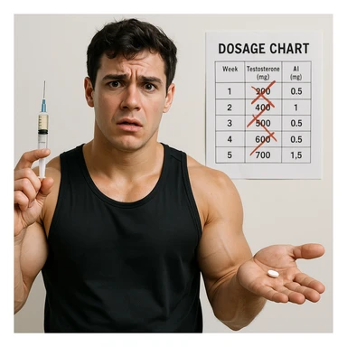 realistic young athlete with swollen muscles holding syringe of testosterone and pill of aromatase inhibitor, confused expression, dosage chart with errors, white background, 4K quality sticker