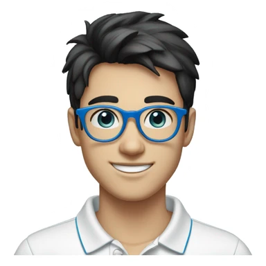 happy young man in his 20s, with black hair, blue eyes and light blue round glasses, white polo shirt with blue collar sticker