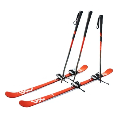 An icon featuring a pair of skis and ski poles in the foreground, set against a picturesque snow-covered slope. The background includes snowy peaks and evergreen trees, symbolizing the excitement and beauty of winter sports. Transparent background highlights the thrill of skiing and snowboarding. sticker